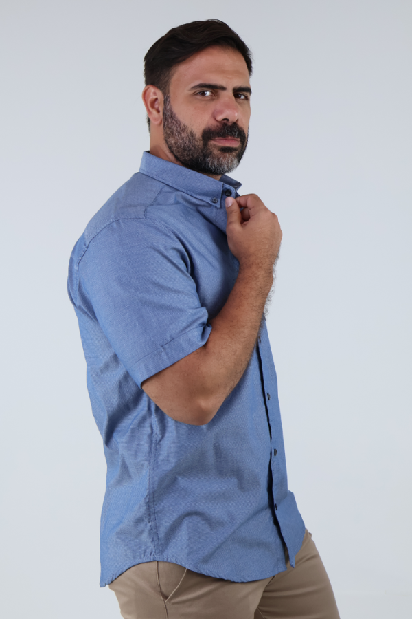 Camisa Formal Manga Corta Azul Jaspe Tela Con Textura para Hombre